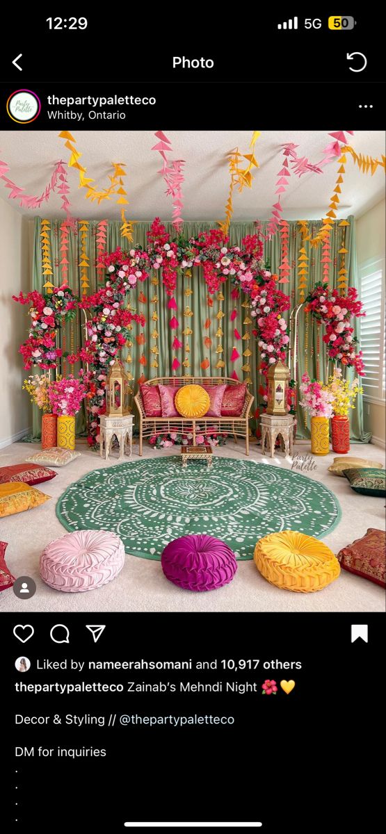 the instagram page on instagram shows an image of a living room decorated in pink, yellow and green