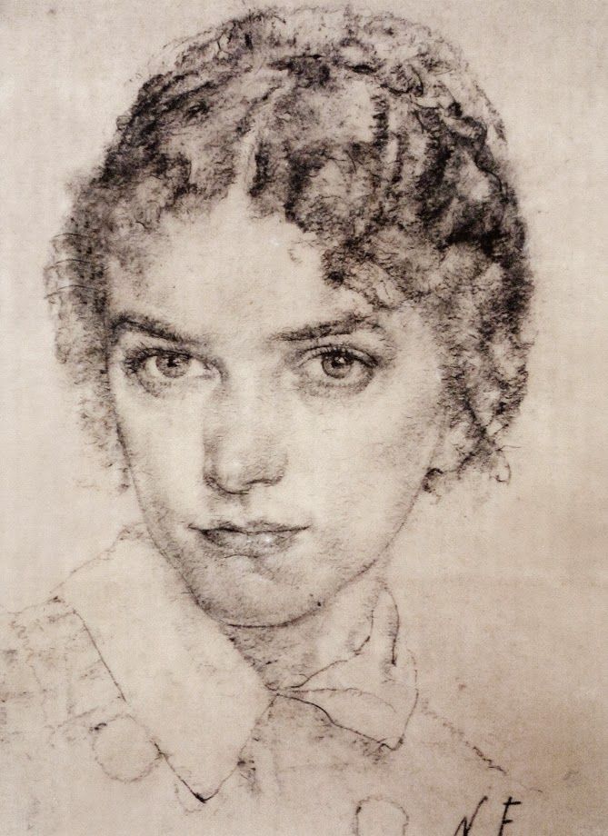 a drawing of a young woman with curly hair and blue eyes, wearing a white shirt