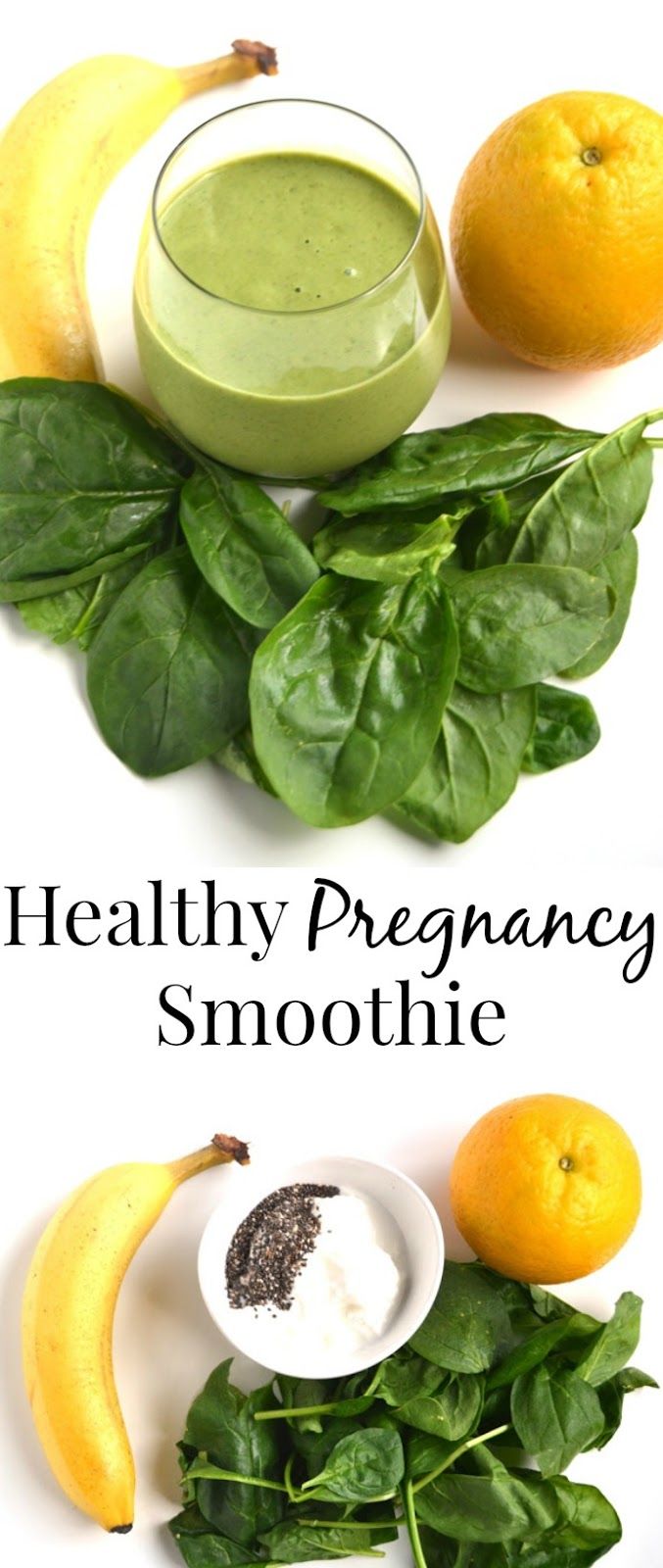 there are many different fruits and vegetables on the table with text overlay that says healthy pregnancy smoothie