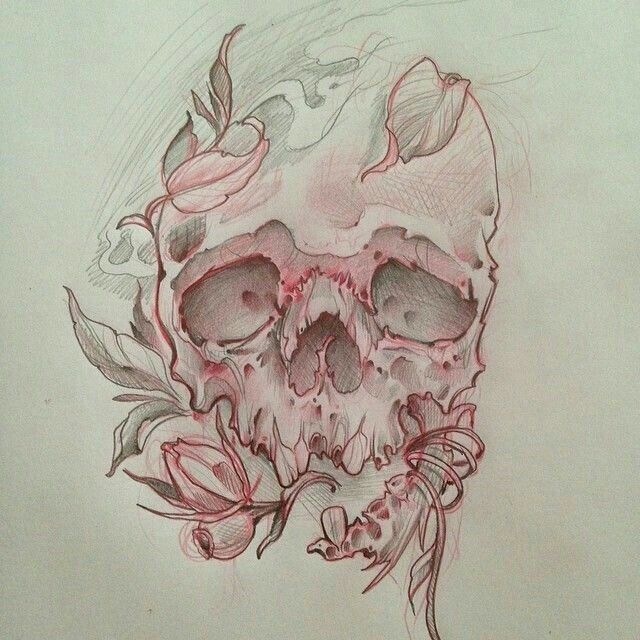 a drawing of a skull with flowers on it