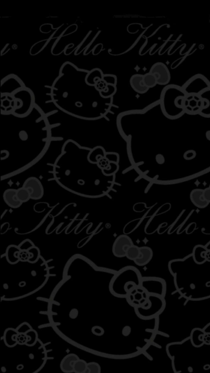 the hello kitty wallpaper is black and has white lettering on it, which says hello kitty