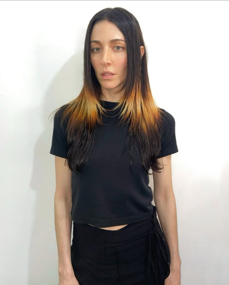 caroline polachek hair Black Hair With Bleached Streaks, Caroline Polachek Hair, Blond Tips On Black Hair, Shine Line Hair, Dark Hair Dyed Blonde, Caroline Polachek, Dark Hair Dye, Hairstyle Look, Cut Her Hair