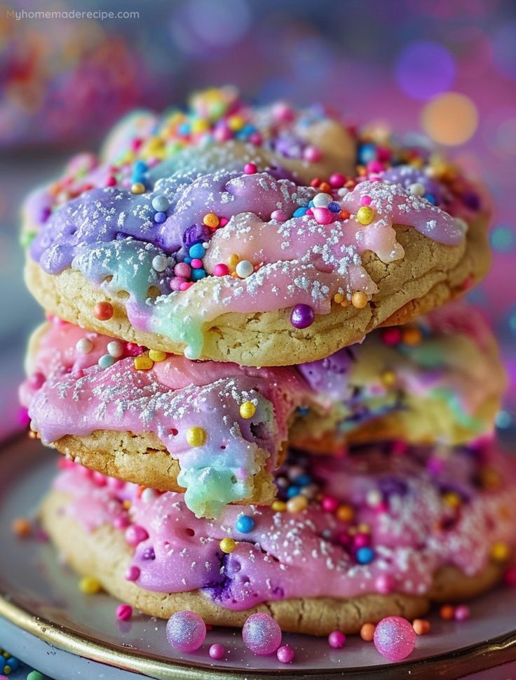 three cookies with sprinkles are stacked on a plate