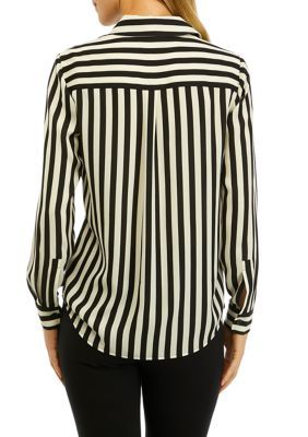 Decked out in stripes, this blouse from THE LIMITED adds classic style to your closet. | THE LIMITED Women's Stripe Long Sleeve Button Front Blouse, White, Small Stripe Long Sleeve, Blouse White, Women's Wardrobe, The Limited, Striped Long Sleeve, Classic Style, Stripes, Long Sleeves, Collar