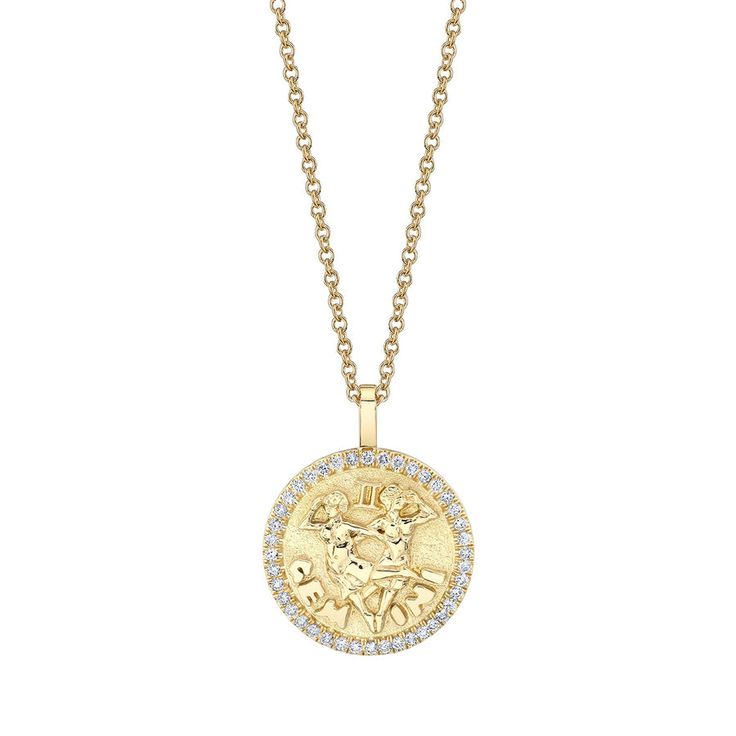 18k gold GEMINI zodiac coin pendant with diamond frame.  .48cts diamonds  20 inch chain with loops at 18 and 16 inch.  *Custom engraving available please email info@anitako for more information.  #AKZC-GEM Zodiac Gemini, Anita Ko, Diamond Frame, Zodiac Pendant, Gemini Zodiac, Birthstone Gifts, Coin Pendant, White Rose Gold, Halo Diamond