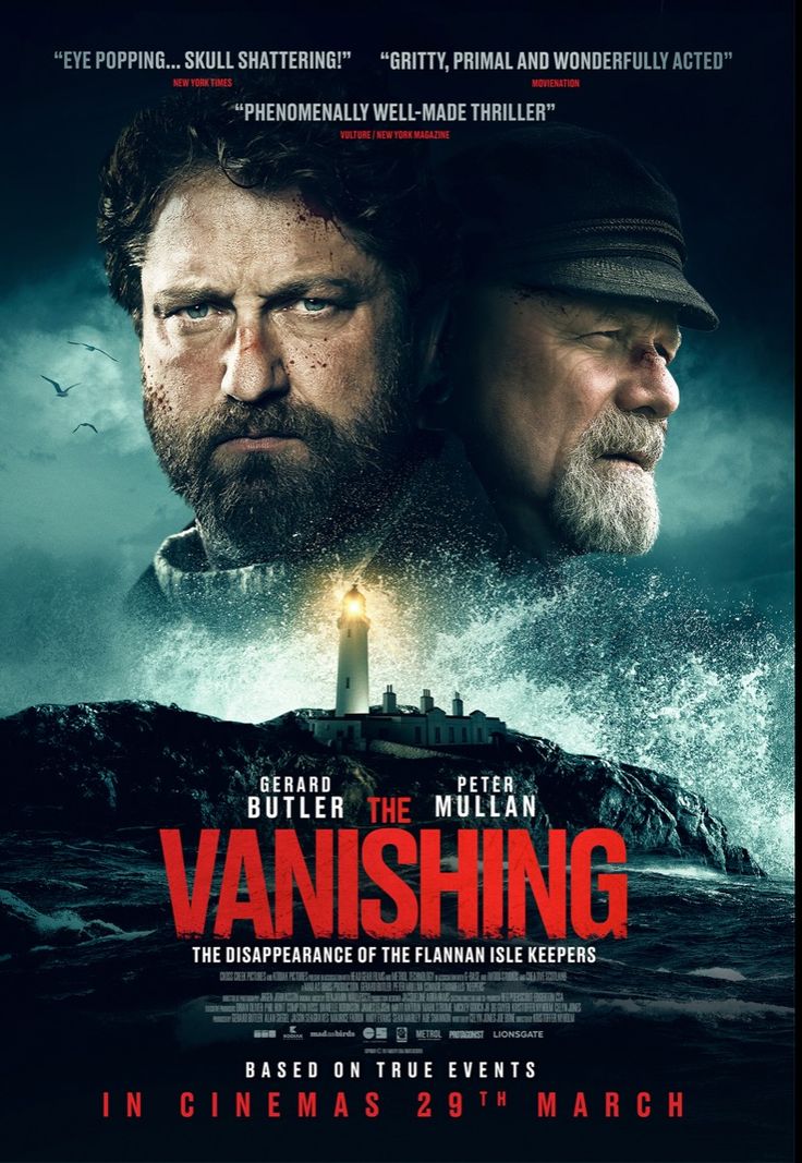 the movie poster for the upcoming film vanishing, featuring two men standing in front of a lighthouse