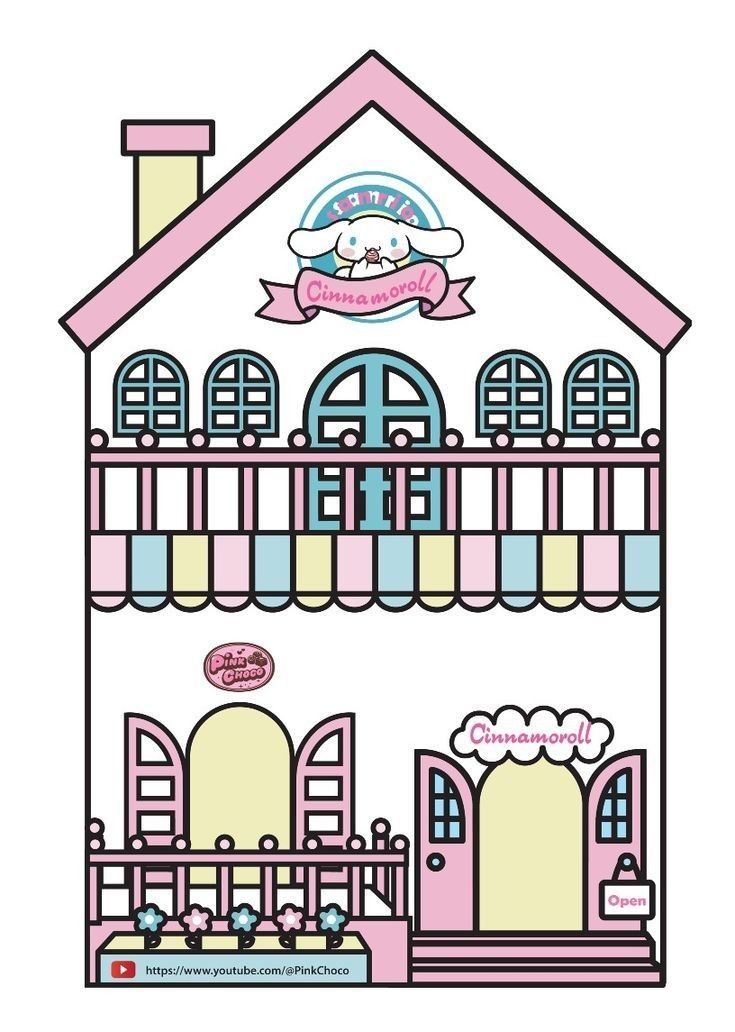 a drawing of a doll house with pink and blue trimmings on the front