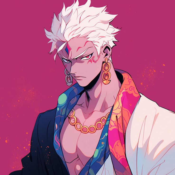 an anime character with white hair and piercings on his head, wearing a kimono