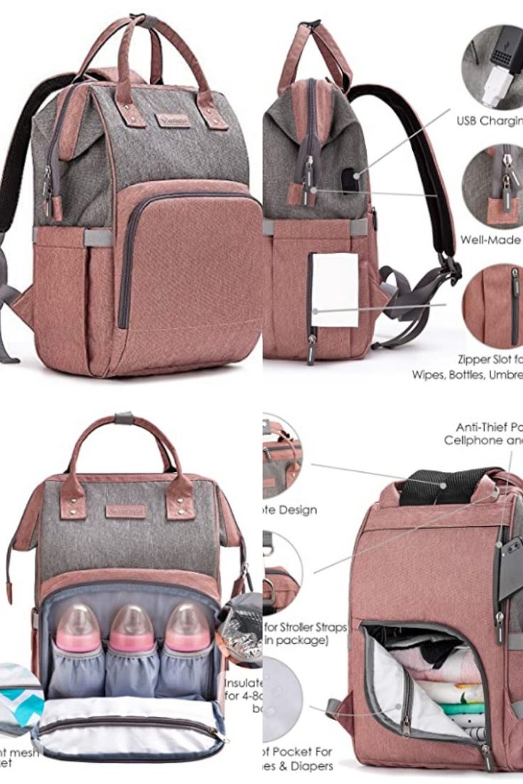 an image of a baby diaper bag with its contents in the back and inside