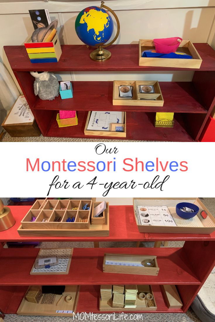 Our Montessori Shelves for a 4-year-old – MOMtessori Life Montessori Math Shelves, 4 Year Montessori Activities, 3 Year Activities At Home, Montessori Activities For 4 Year, Montessori Science Shelf, Homeschool Preschool Room, Montessori Shelf Ideas, Montessori Homeschool Room, Montessori Shelf Work