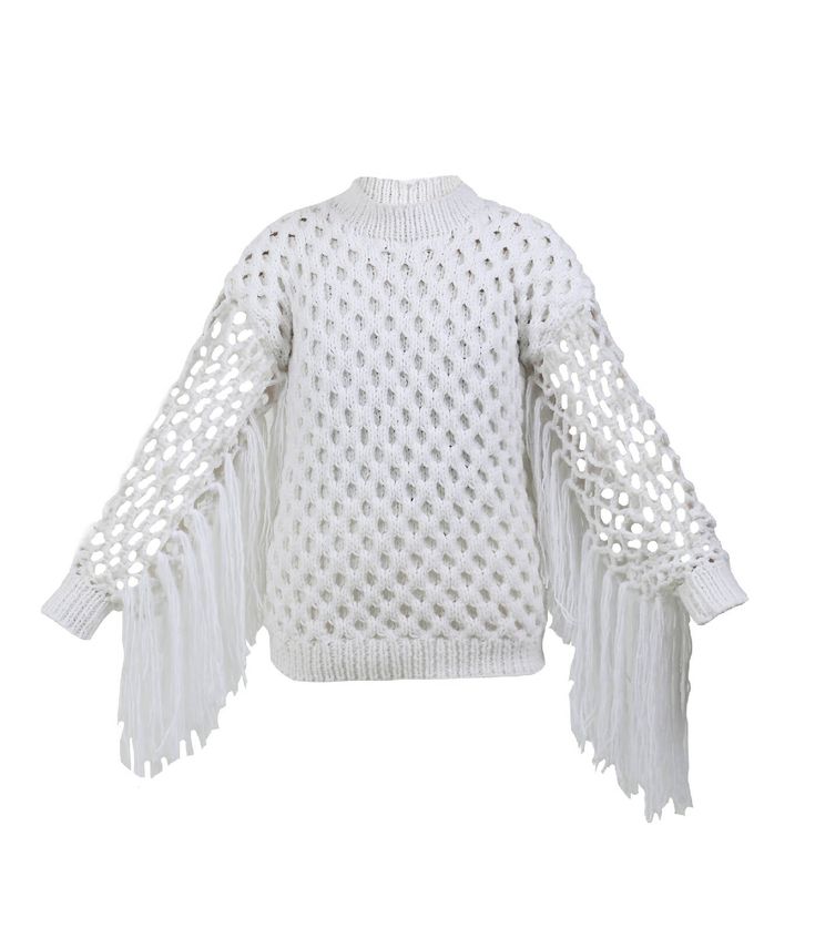 Hand knit white sweater with transparent fringed fishnet sleeves. Materials: 60% wool, 40% acrylicMeasurements:XS - Bust(cm):80-82; Waist(cm):63-64; Hips(cm):87-89.S - Bust(cm):83-84; Waist(cm):65-66; Hips(cm):90-92.M - Bust(cm):88-90; Waist(cm):68-70; Hips(cm):94-96.L - Bust(cm):92-94; Waist(cm):74-76; Hips(cm):98-100.XL - Bust(cm):96-98; Waist(cm):78-80; Hips(cm):102-104.Those who are between sizes should order the larger size. Knit White Sweater, Fishnet Sleeves, White Knit Sweater, Knit Sweaters, White Sweater, White Sweaters, Knit Sweater, Hand Knitting, Fashion Brand