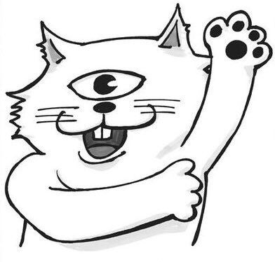 a black and white drawing of a cat with its paw raised in front of the camera