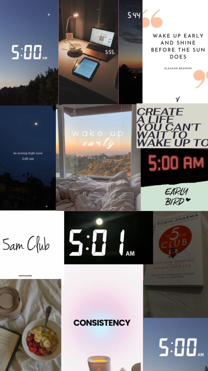 a collage of photos with the words wake up, wake up, wake up and 5 00 am