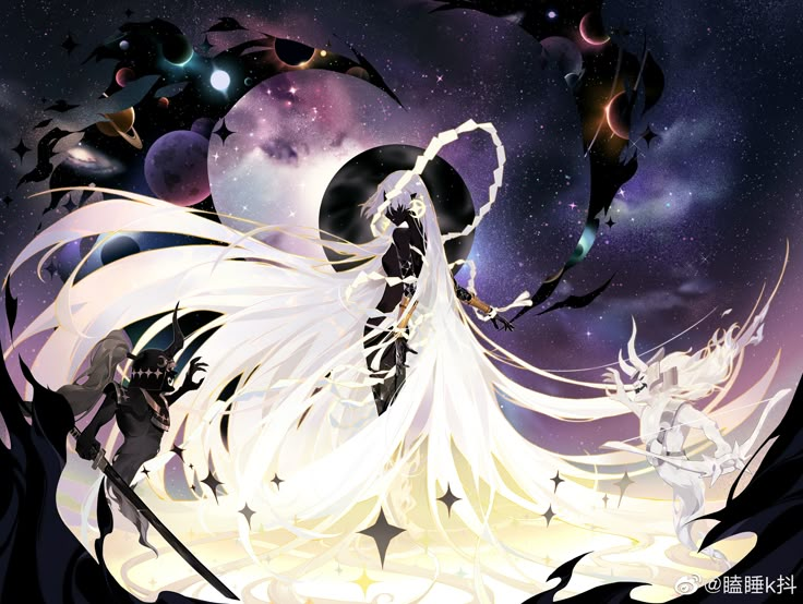 an anime character with long white hair and black eyes, standing in front of a night sky