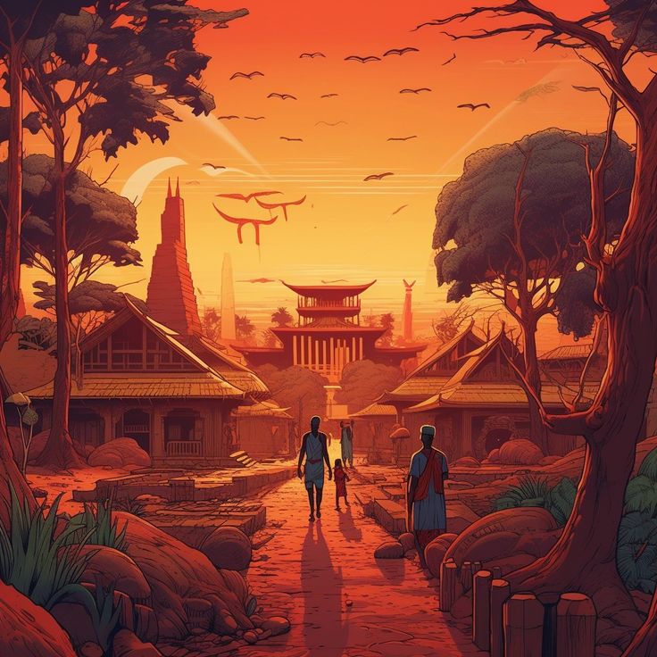 two people walking down a path in front of an orange sunset