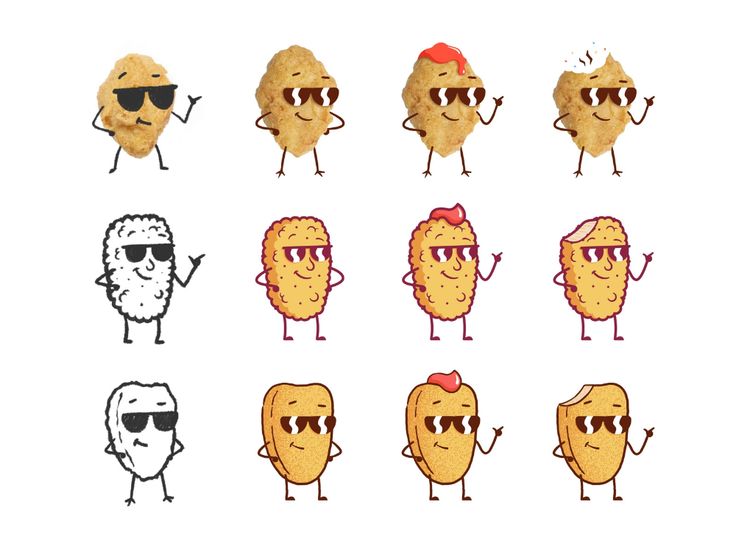 a bunch of different types of food with sunglasses on it's faces and arms