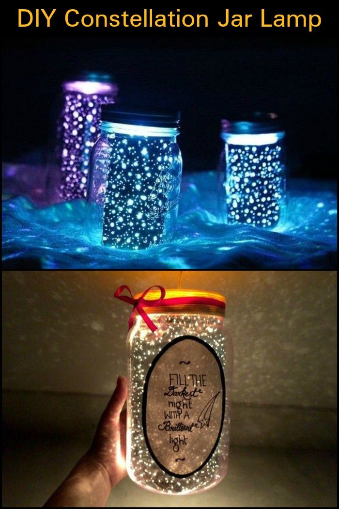 two mason jars with lights in them and the words diy constellation jar lamp