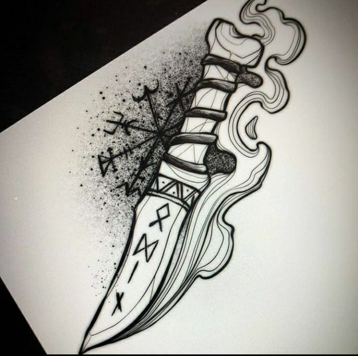 a drawing of a knife with flames coming out of it