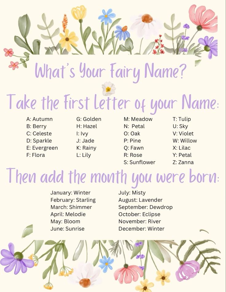 a poster with flowers on it that says, what's your fairy name?