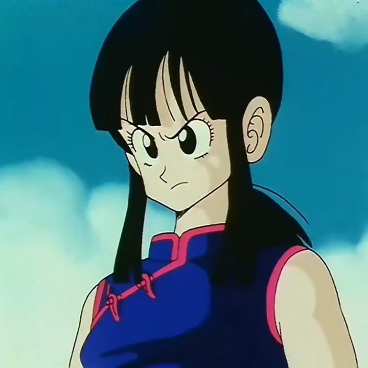 an anime character with long black hair and big eyes looks at the camera while standing in front of a cloudy blue sky