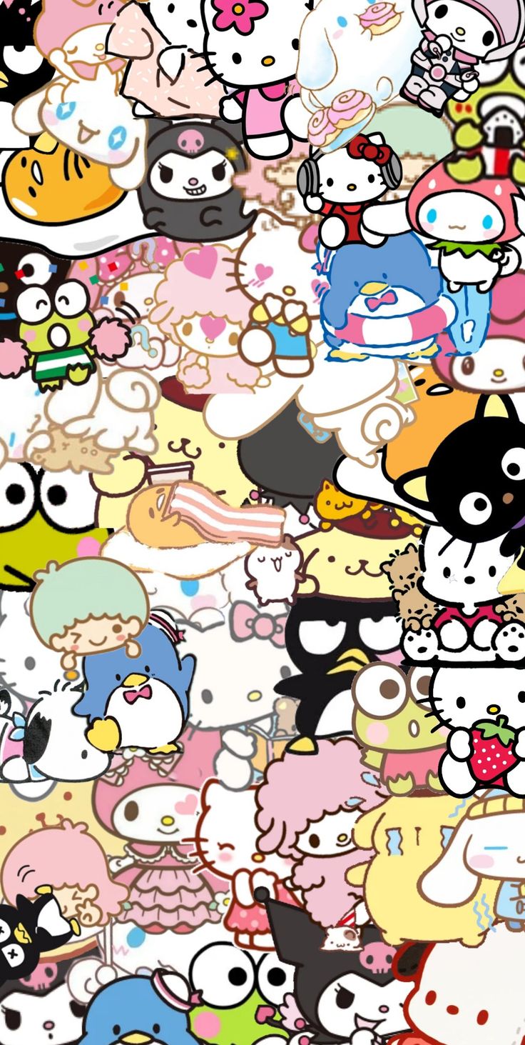 an image of many different cartoon characters on a wallpaper pattern with hello kitty and other animals