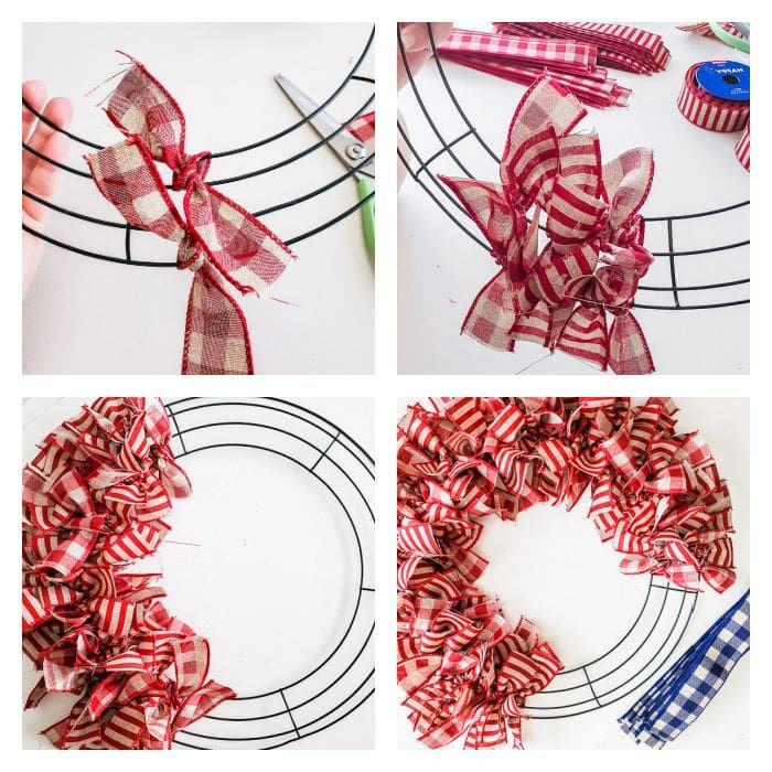 four different pictures showing how to make a ribbon wreath