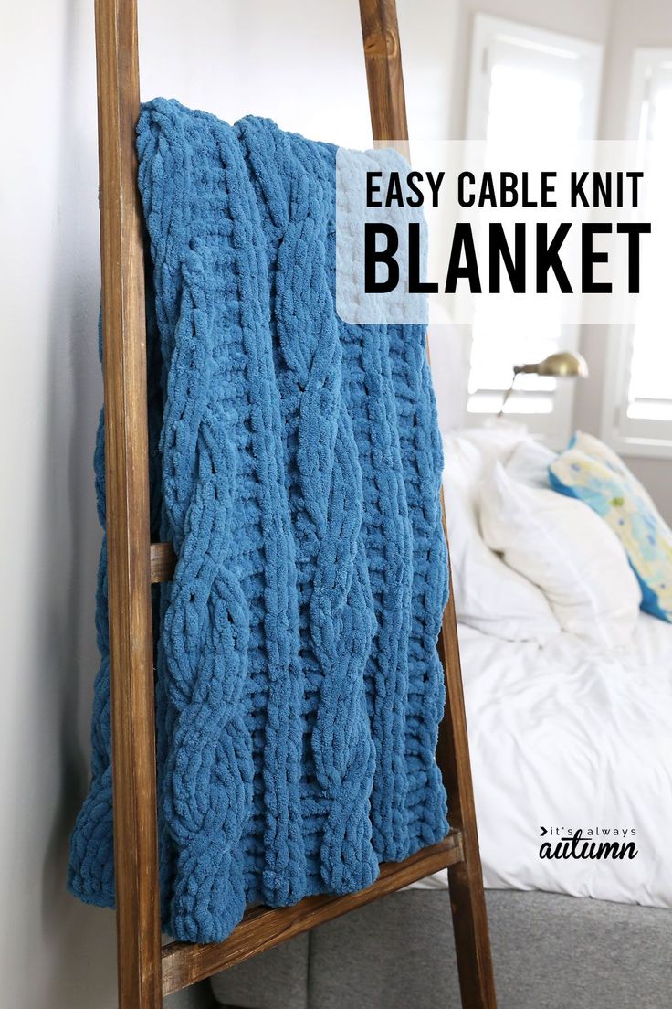 an easy cable knit blanket on a ladder