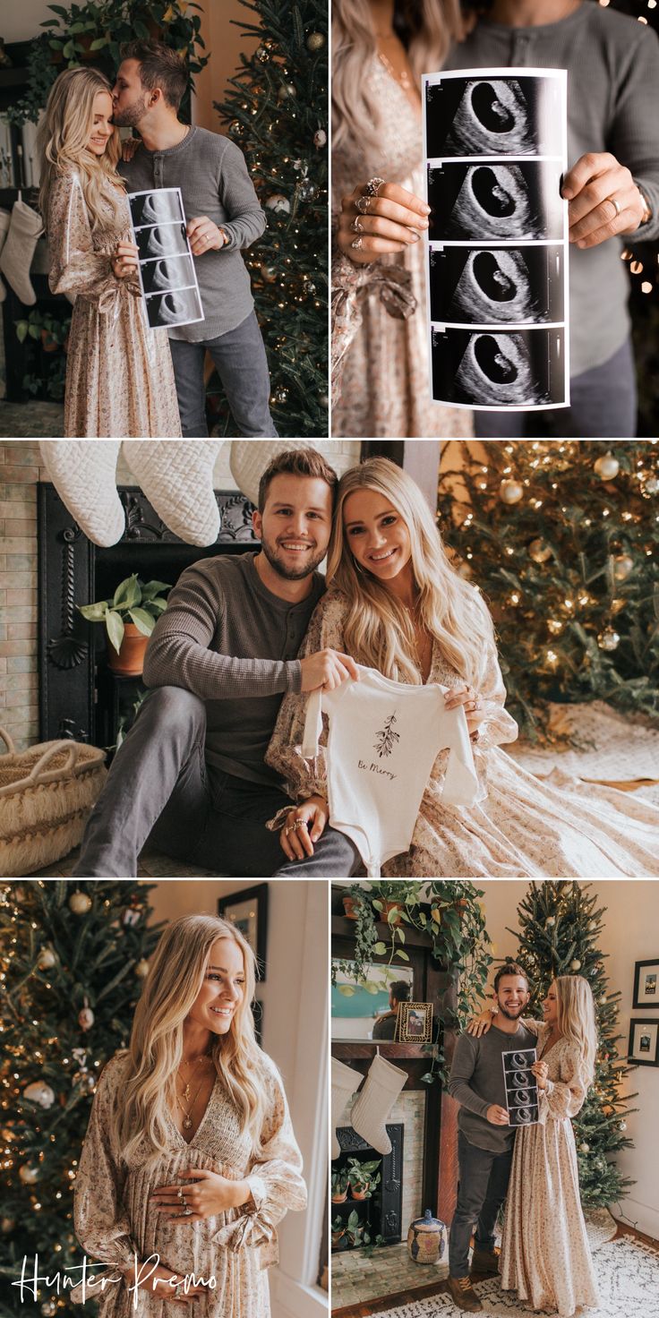 a man and woman posing for pictures in front of a christmas tree with their presents