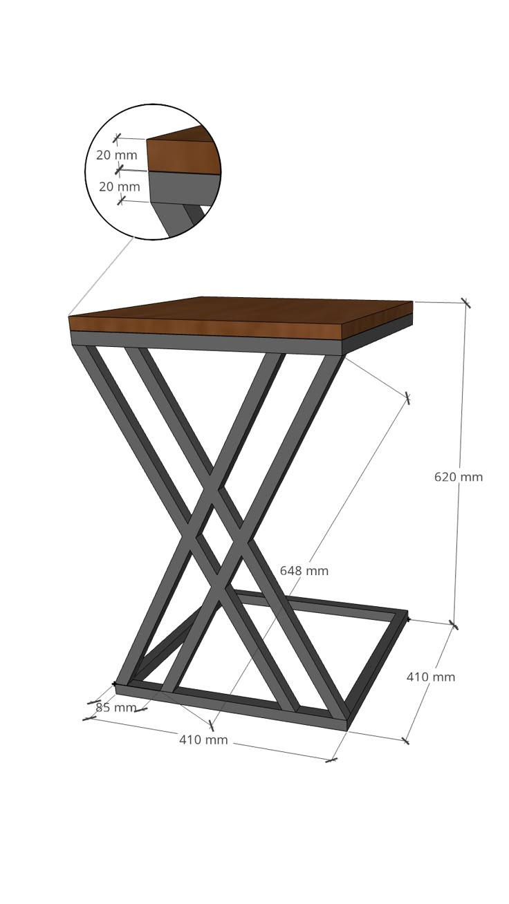 a drawing of a table with measurements for the top and bottom section, including an x - frame base