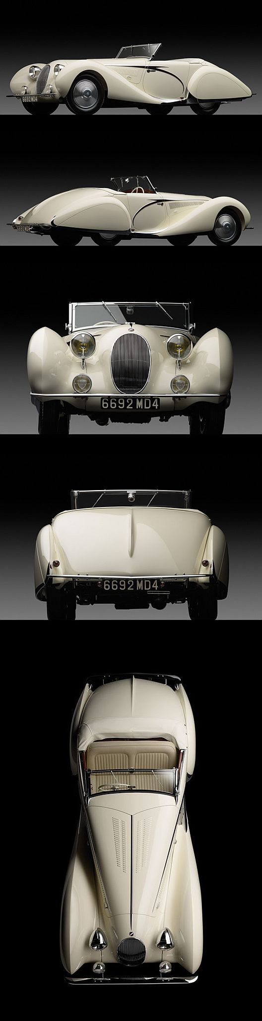 an old car is shown in three different views