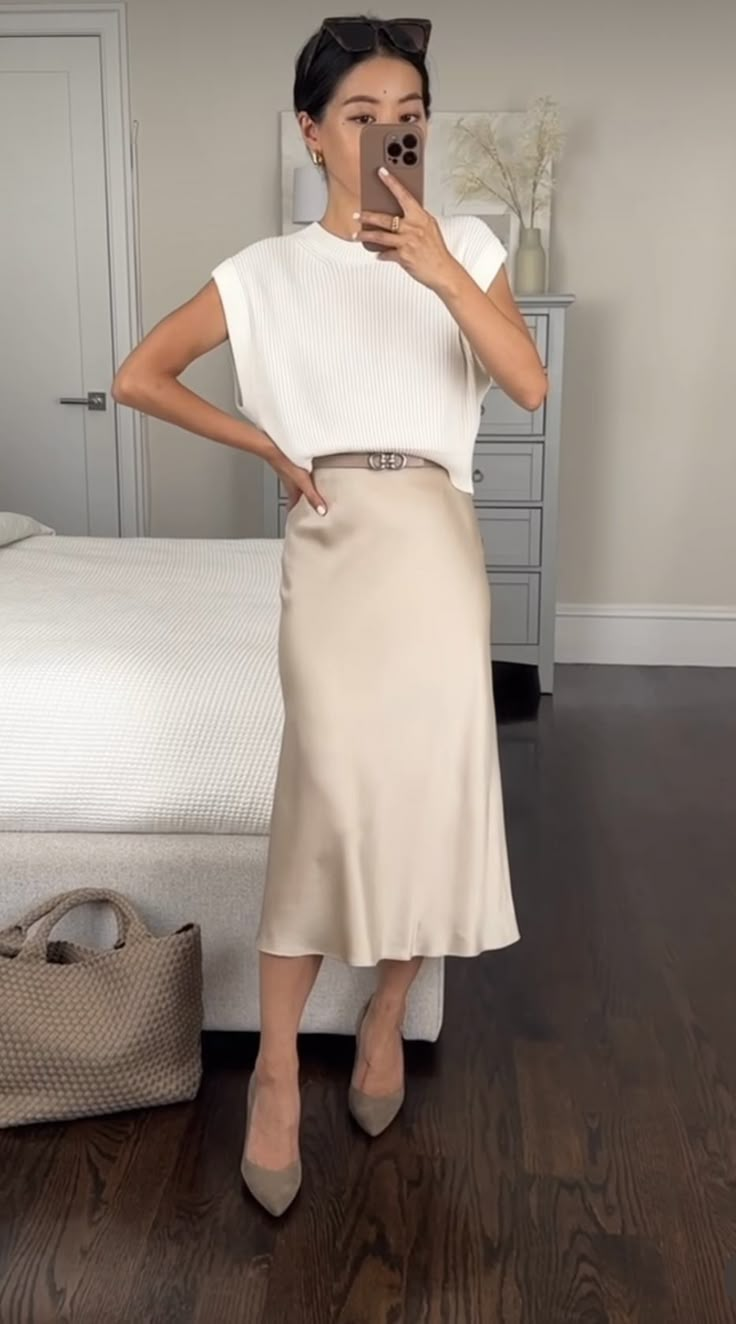 Satin Skirt Work Outfit Summer, Satin Skirt Business Casual, Silk Skirt Office Outfit, Ivory Silk Skirt Outfit, Champagne Midi Skirt Outfit, Summer Office Outfits Skirt, Midi Skirt Outfit Summer Work, Ivory Satin Skirt Outfit, Outfits With Silk Skirt