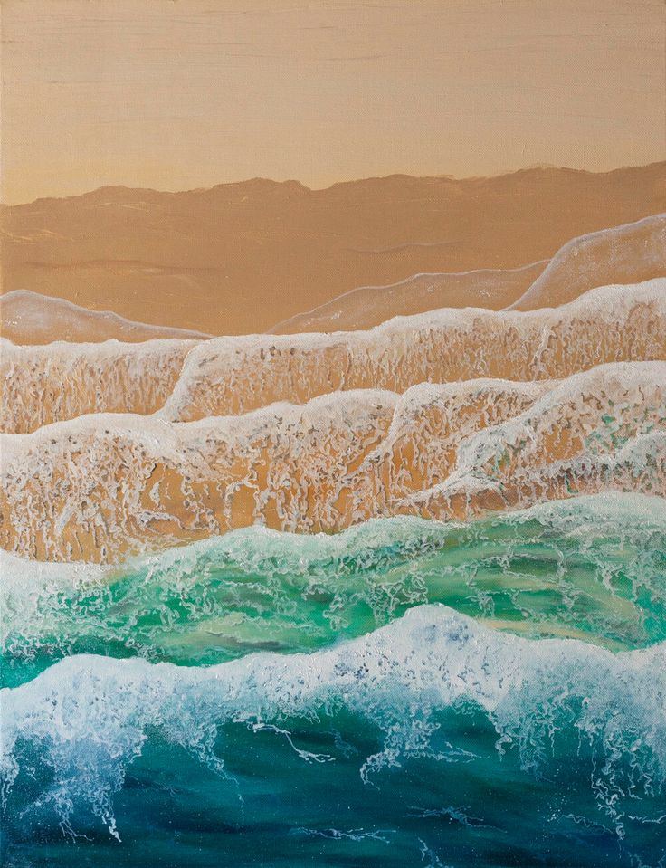 an abstract painting of waves crashing on the beach with orange and green colors in the background