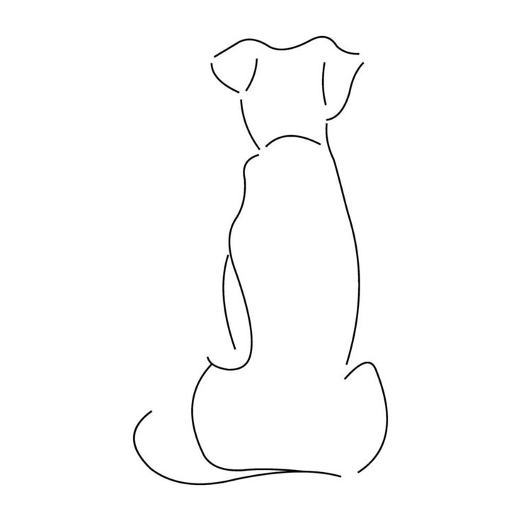 a black and white drawing of a dog sitting on the ground with its head turned to the side