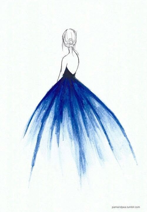 a drawing of a woman in a blue dress with her back turned to the camera