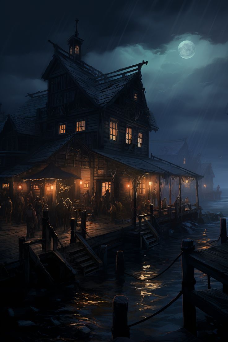 an image of a house on the water at night with people standing outside and looking out