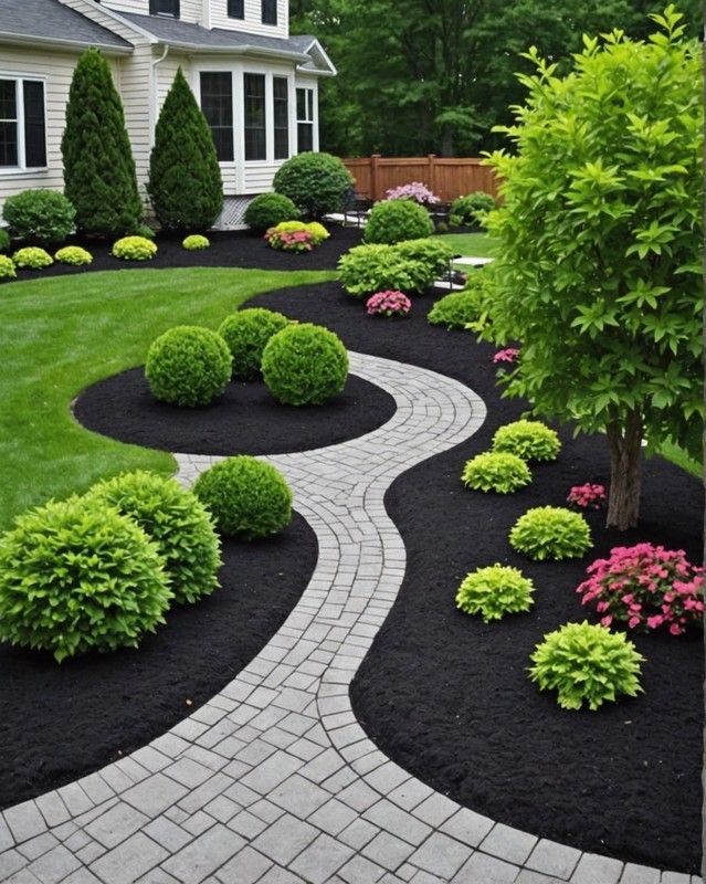 a garden with black mulch and green trees in the front yard, surrounded by landscaping