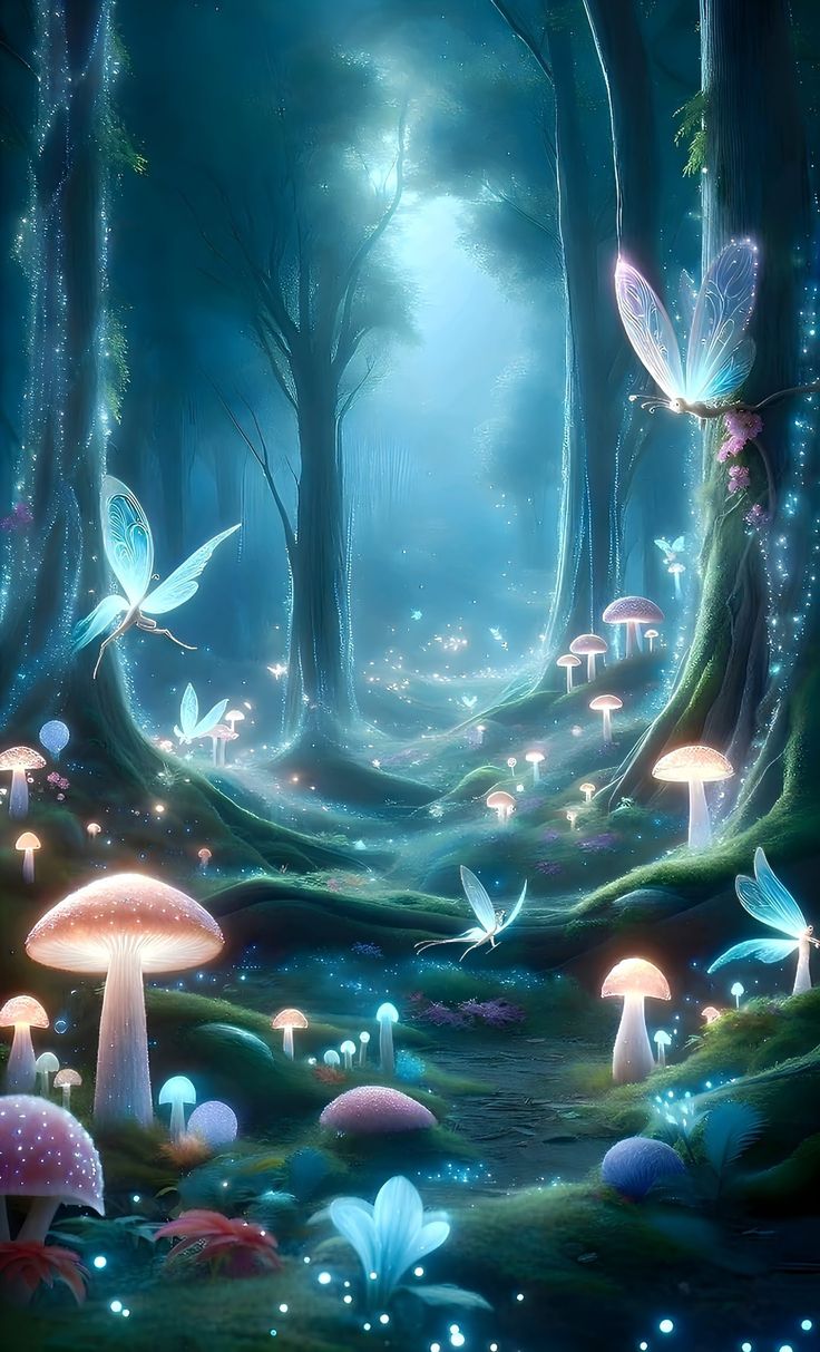 a forest with lots of mushrooms and butterflies in the woods, all lit up at night