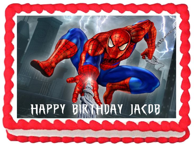 a birthday cake with a spiderman image on it