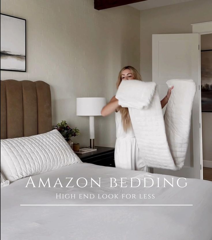 a woman is holding up her bedding in the middle of an image with text that reads, amazon bedding high end look for less