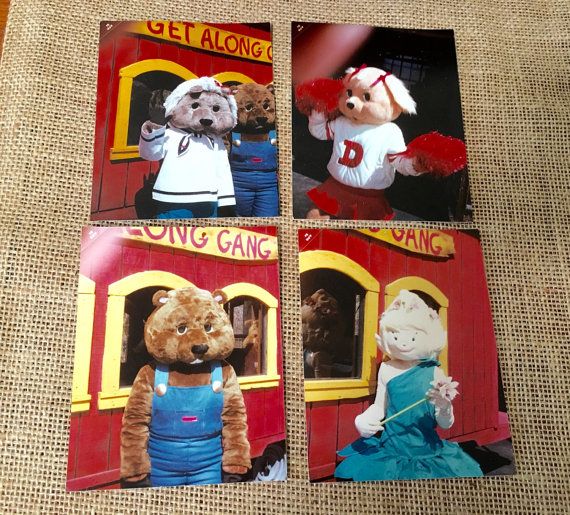 three pictures of stuffed animals in costumes