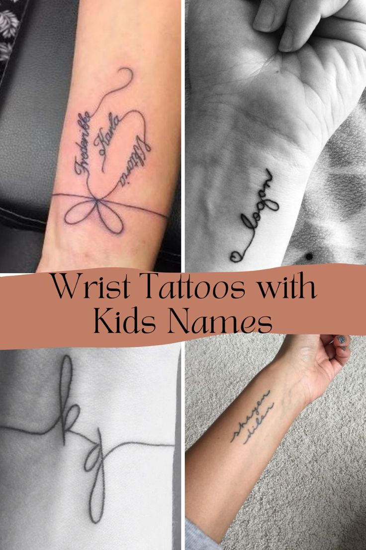 four different tattoos with names on them and the words written in cursive writing