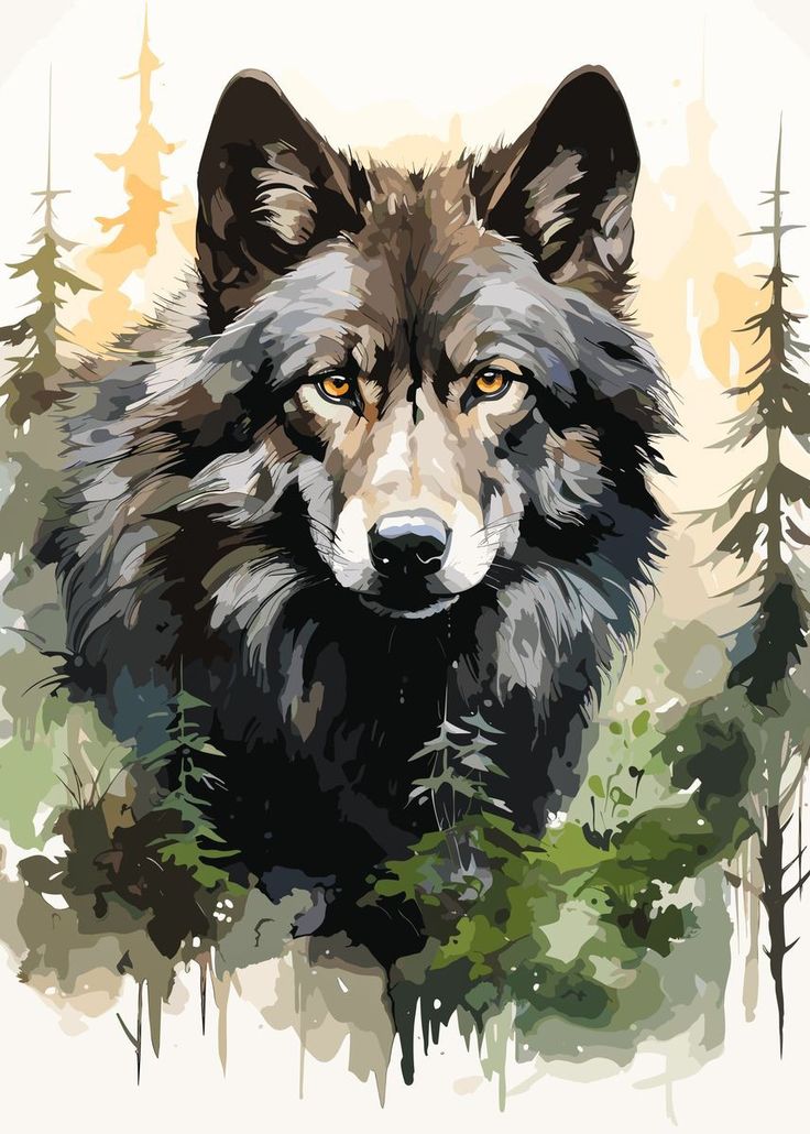 a painting of a wolf with trees in the background