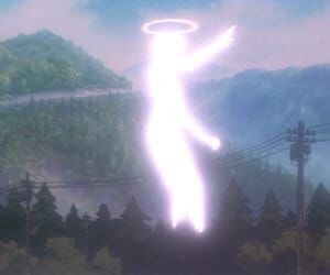 an animated image of a person in the air with a halo above his head and trees behind him