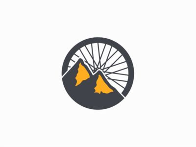 the mountain bike logo is shown in yellow and gray colors, with mountains on top