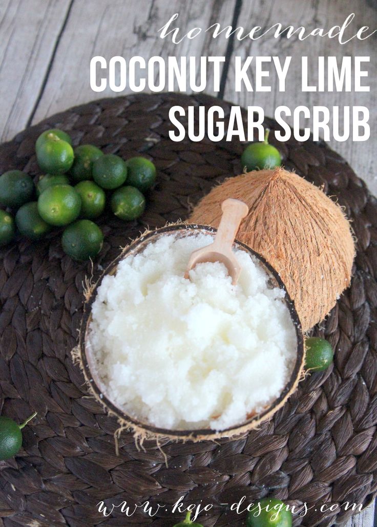 coconut key lime sugar scrub in a bowl on top of a woven basket next to green grapes