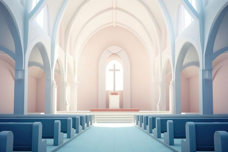 an empty church with blue pews and white walls