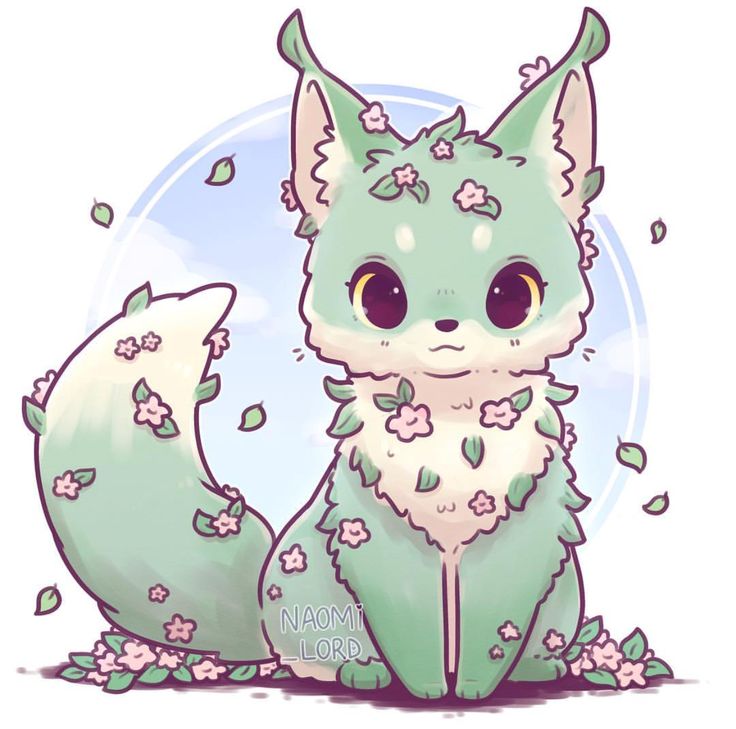 a drawing of a cute little fox with flowers on it's head and tail