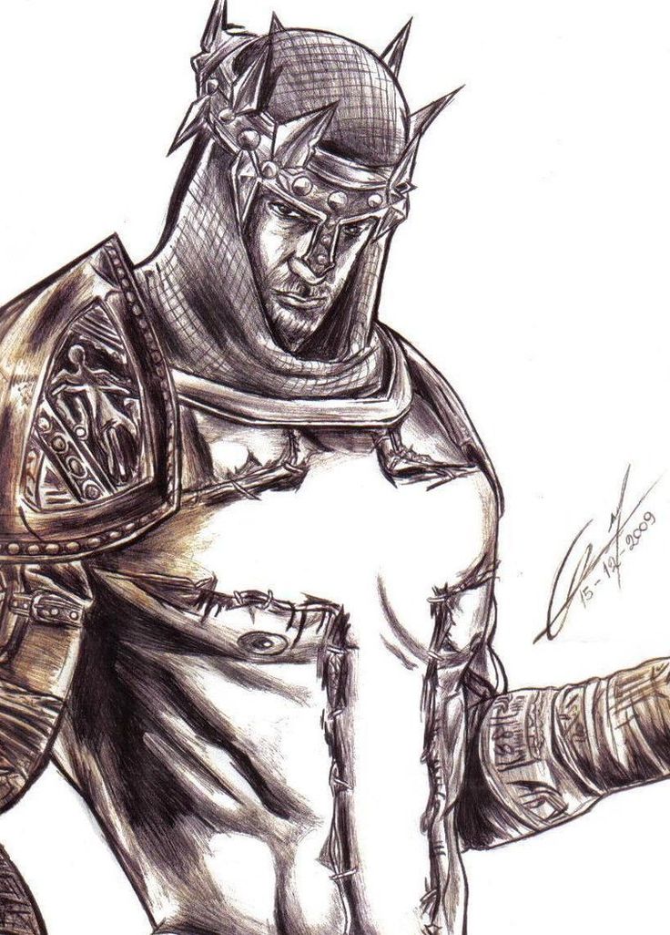 a drawing of a man in armor with his arm extended and one hand on his hip