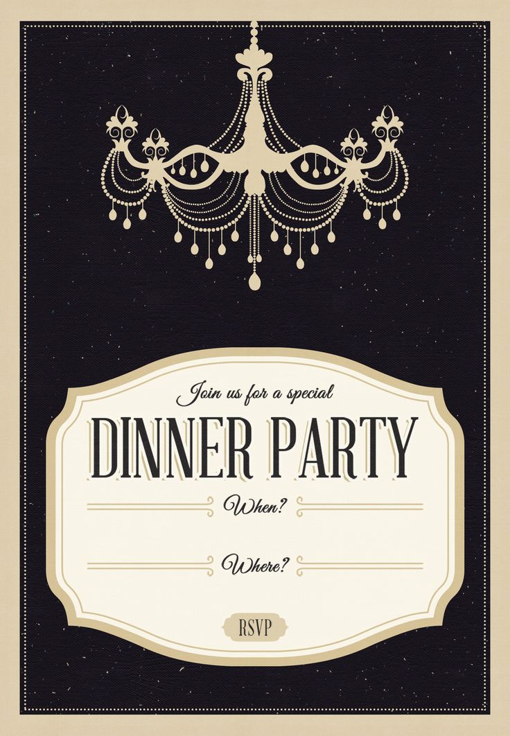 a black and white dinner party card with a chandelier on the front,