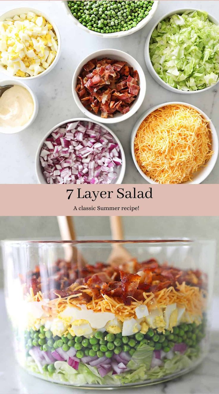 seven layers of salad in bowls with text overlay that reads 7 layer salad recipe